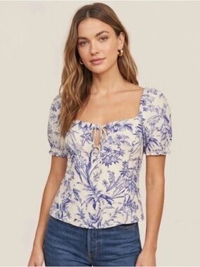 H&M Blue Floral Square-Neck Puff Sleeve Top